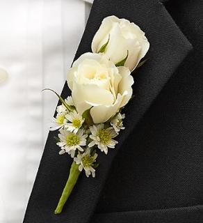 All White Double Rose Boutonnière