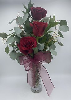 Trio of Red Roses in Crystal Vase
